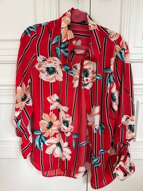 Express Women’s Red Floral Stripe Button-Up Blouse